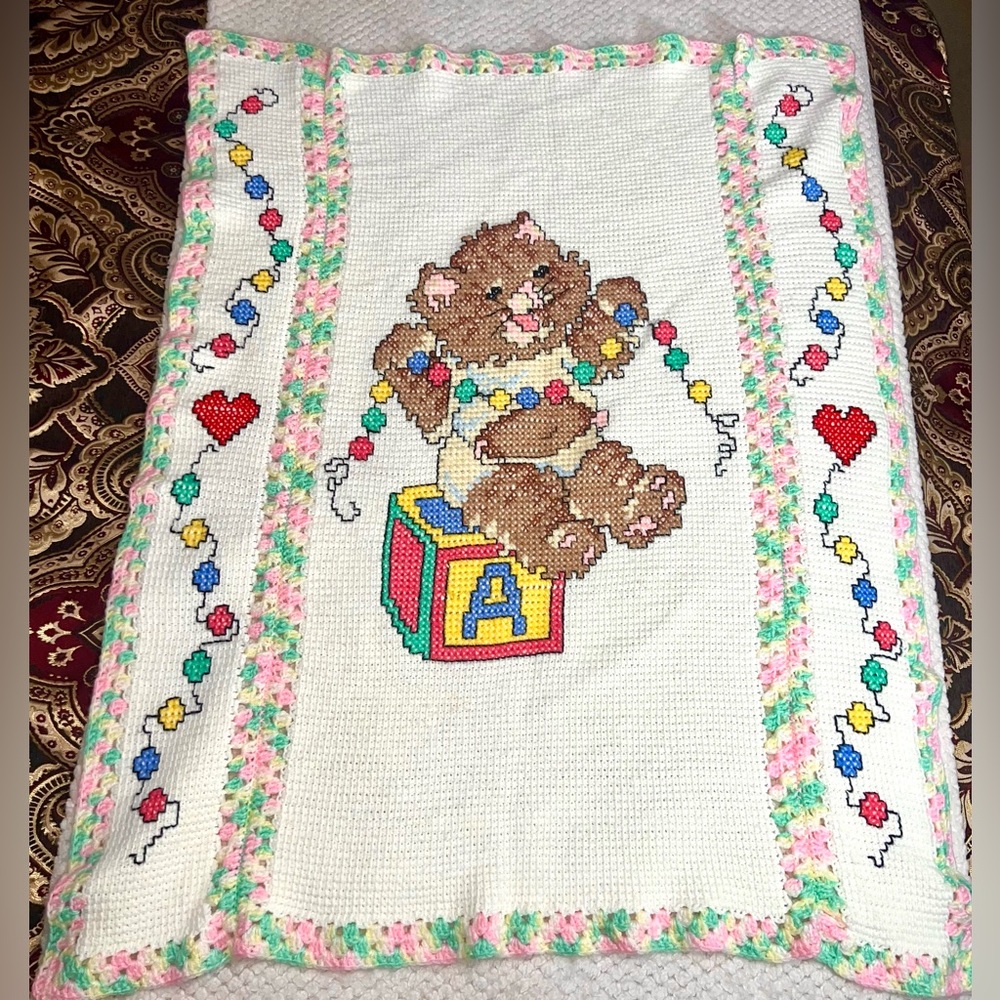 Vintage Baby Blanket Hand Knit Crochet Blanket Afghan Cross Stitch Cat 46”x41“